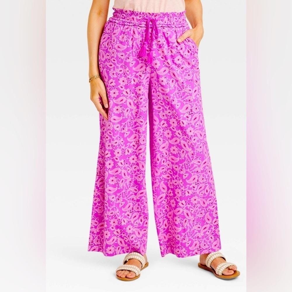 Knox Rose Pink Floral Wide Leg Drawstring Boho Pants size Small/XS NWT
